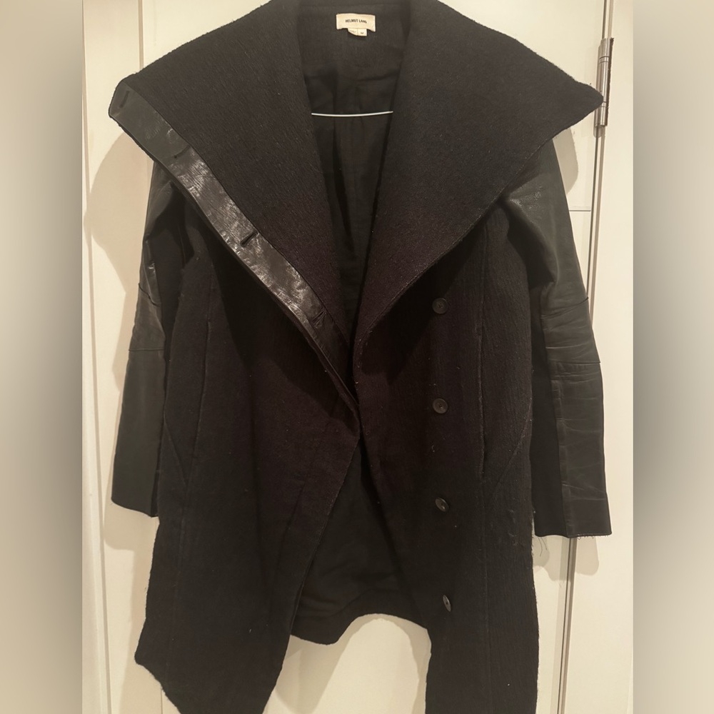 Helmut lang black wool coat with leather sleeves size medium
